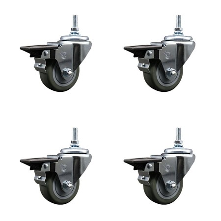 Polyurethane Swivel Threaded Stem Caster Set of 4 w/3" x 1.25" Gray Wheels and 3/8" Stems - Includes 4 with Posi Lock Brakes - 1,200 lbs Total Capacity - Service Caster Brand